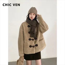 CHIC VEN Women Jackets Loose New O Neck Overcoat Cow Horn Button Woman Outerwear Female Plush Coats Autumn Winter 2024