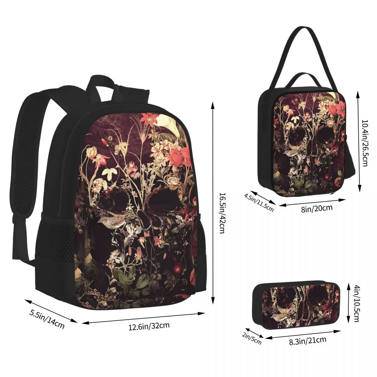 Bloom Skull Backpacks Boys Girls Bookbag Students School Bags Kids Rucksack Lunch Bag Pen Bag Three-Piece Set