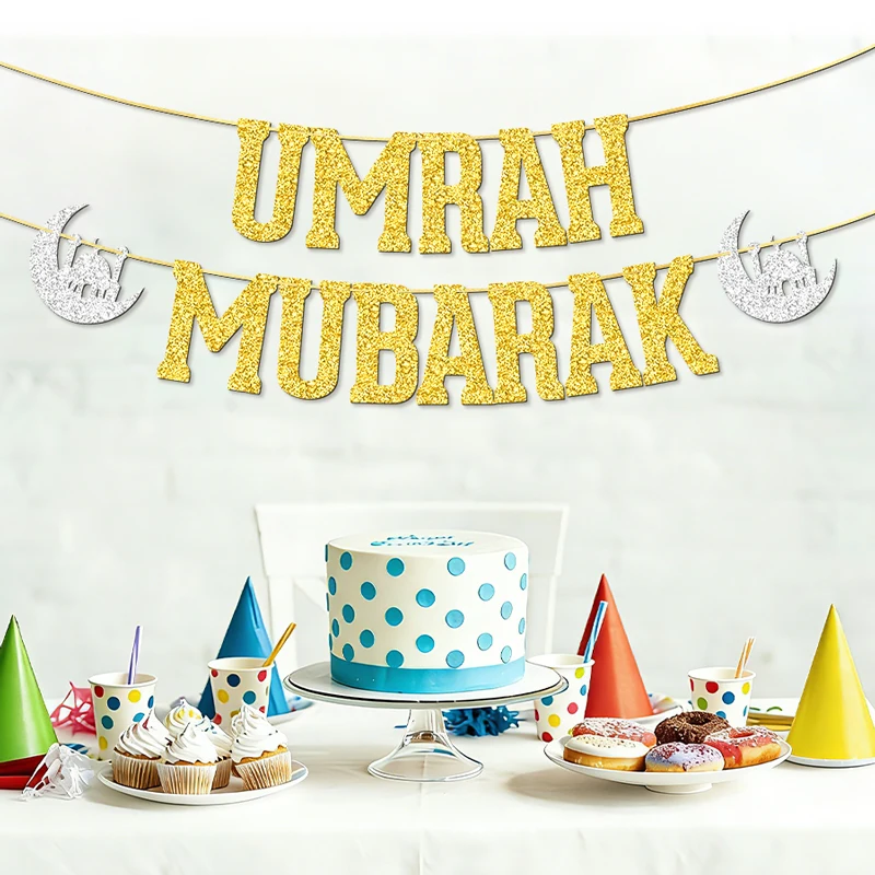 YOMDID Umrah Mubarak Banner Glitzer Umrah Mubarak Dekorationen Partybanner für Islamische Muslimische Dekorationen Partyzubehör – Detail 10