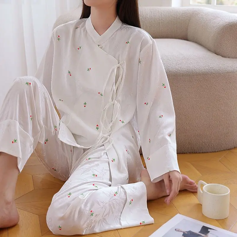 New Chinese Style Spring and Autumn New Jacquard Imitation Silk Pajamas Women\'s Trousers Long-sleeved Two-piece Home Service