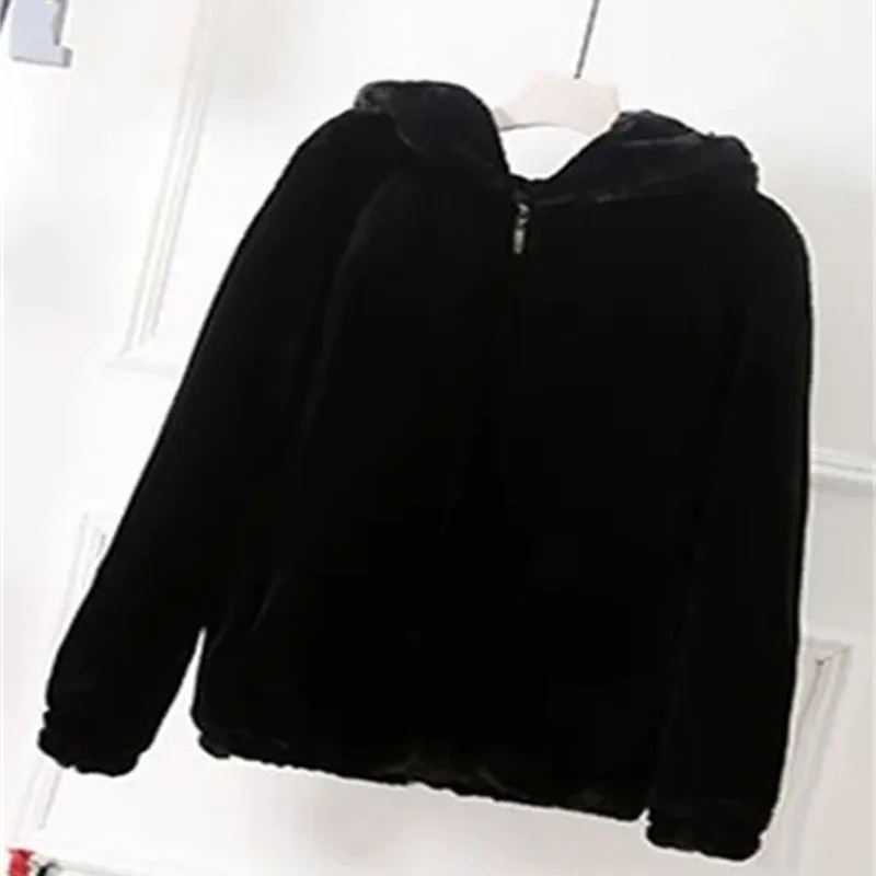 Retro feminino mangas compridas curto jaqueta de pelúcia 2025 femme cor sólida solta pele outwear inverno senhoras moda com capuz casaco de pele do falso