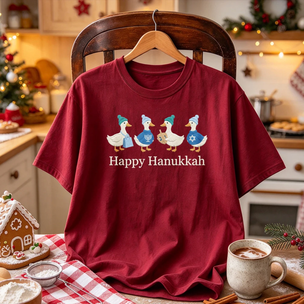 Happy Hanukkah Cute Ducks Wearing Knit Holds Dreidel Star of David Graphic Print Tees Funny Animal Lover Jewish Festival T-Shirt