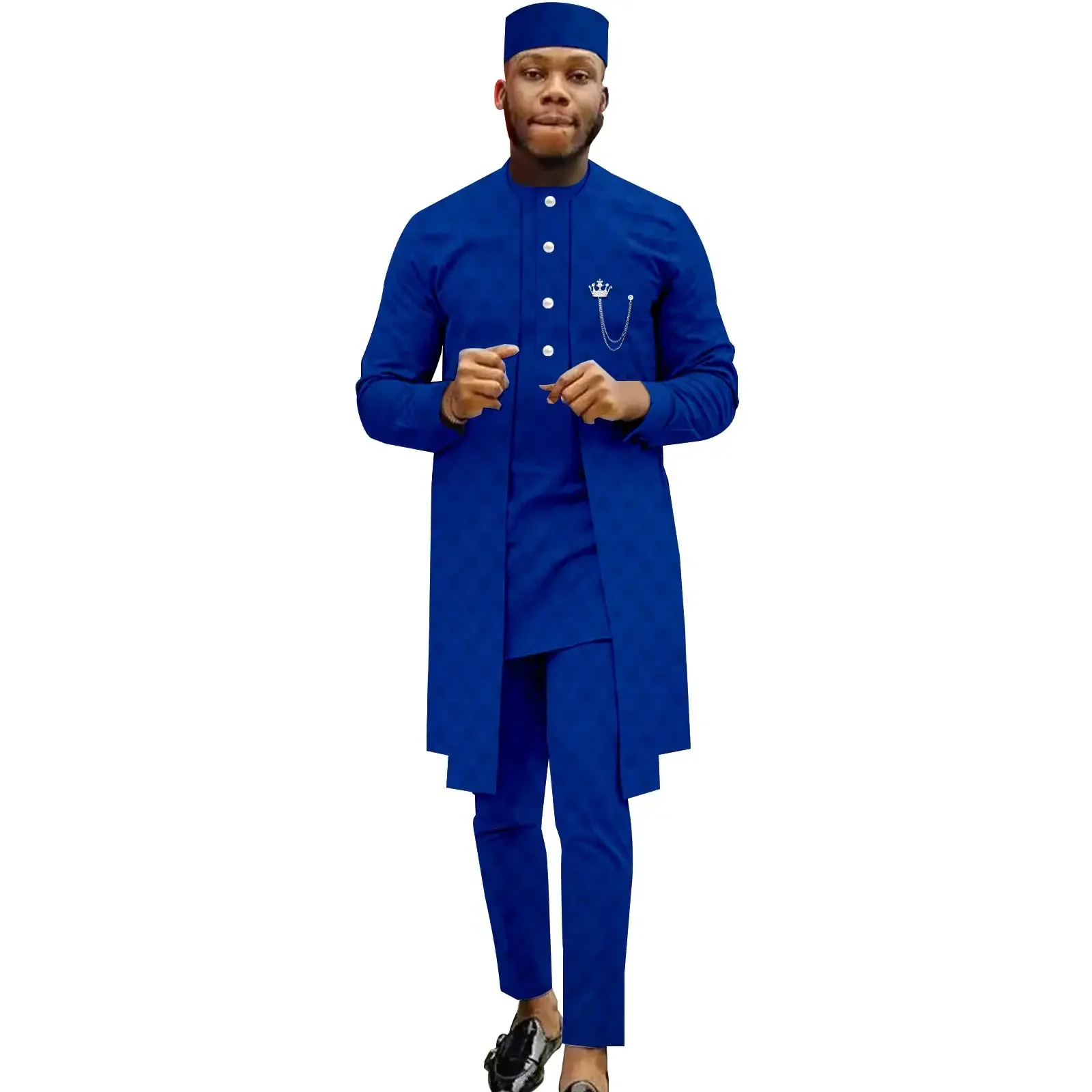 African Clothing Men's Suit Handmade 3 Piece Long Robe Shirt Pants Hat Daily Wedding Wear Polyester Thobe Men Clothing A2216160