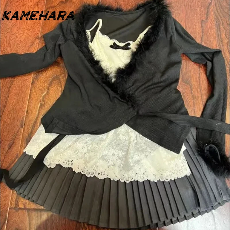 

KAMEHARA Japanese Harajuku Spring V-neck Long Sleeve Cardigan Bow Inner Strap High Waist Slimming Short Skirt Y2k 3 Piece Sets