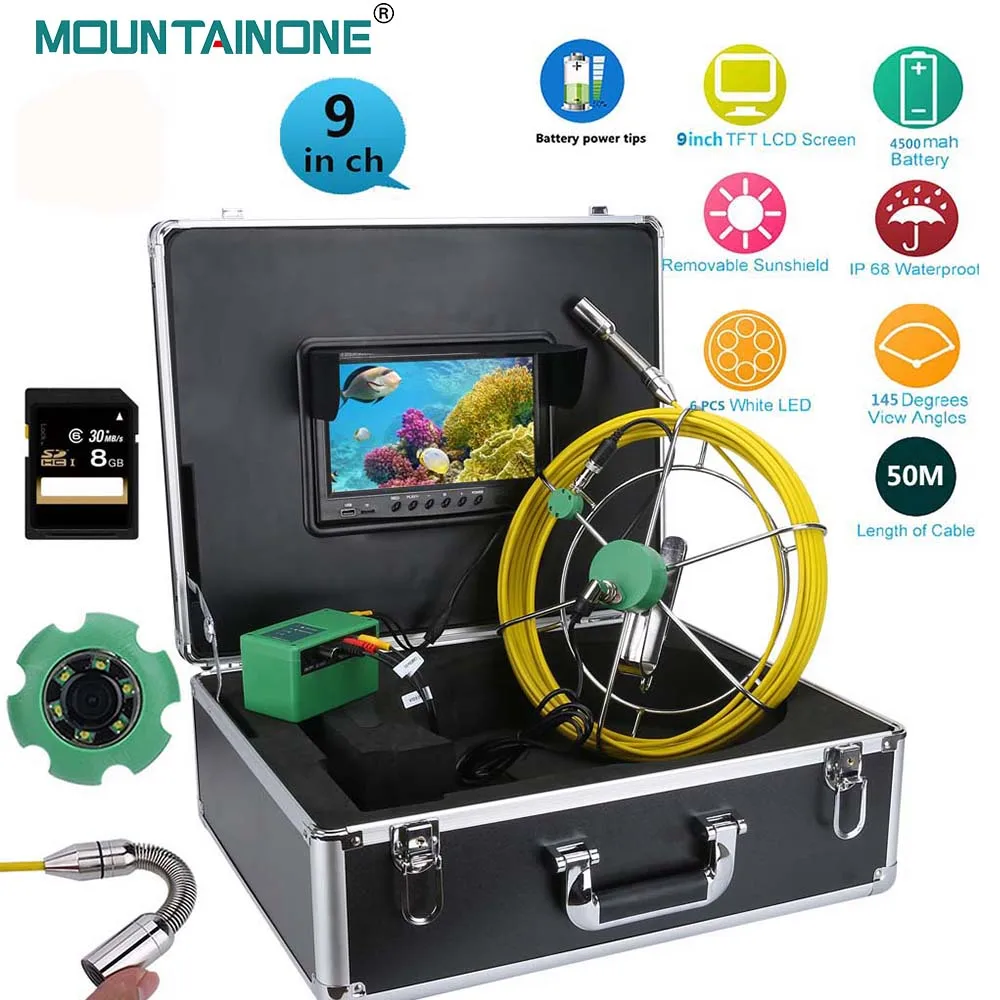 

MOUNTAINONE 9inch DVR HD 22mm Industrial Pipe Sewer Inspection Video Camera System IP68 1000 TVL Camera with 6W LED 16G 40M 50M