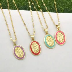 Virgin Mary Charm Pendant Necklace Choker Women Stainless Steel Silm Lips Chain Gold Color Enamel Candy Lucky Lady Girl Lucky