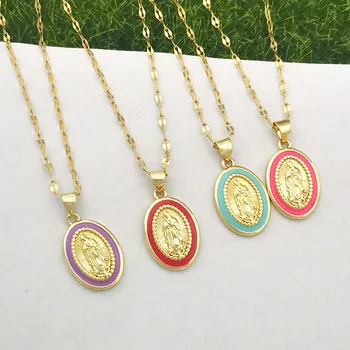 QMHJE 버진 메리 참 펜던트 목걸이 초커, 여성용 스테인리스 스틸 실크 입술 체인, 골드 컬러 에나멜 캔디, 럭키 레이디 걸