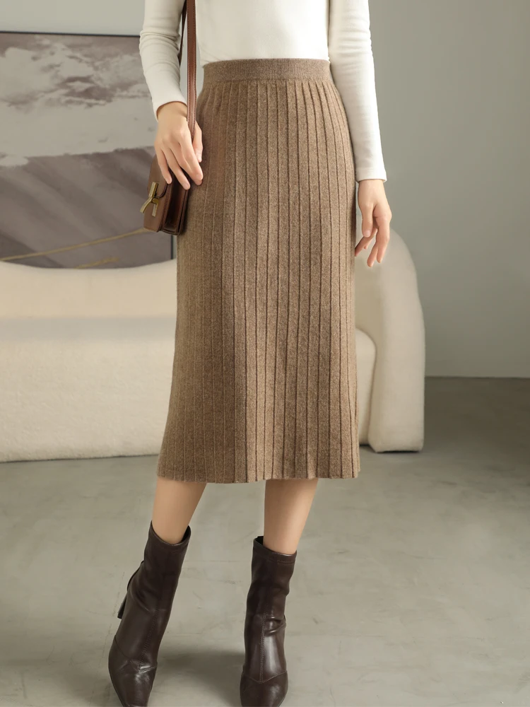 

Autumn Winter Women High-Waisted Wool Pleated Hip Skirt 100% Merino Wool Knitted Midi Skirt Female Grace Soft Casual Slim Skir