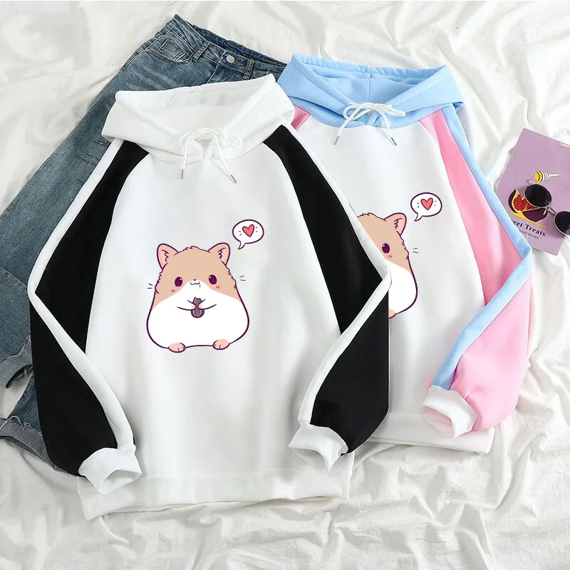 New cute hamster pattern color blocking hoodie teen fashion outdoor sweatshirt high quality padded hoodie tops