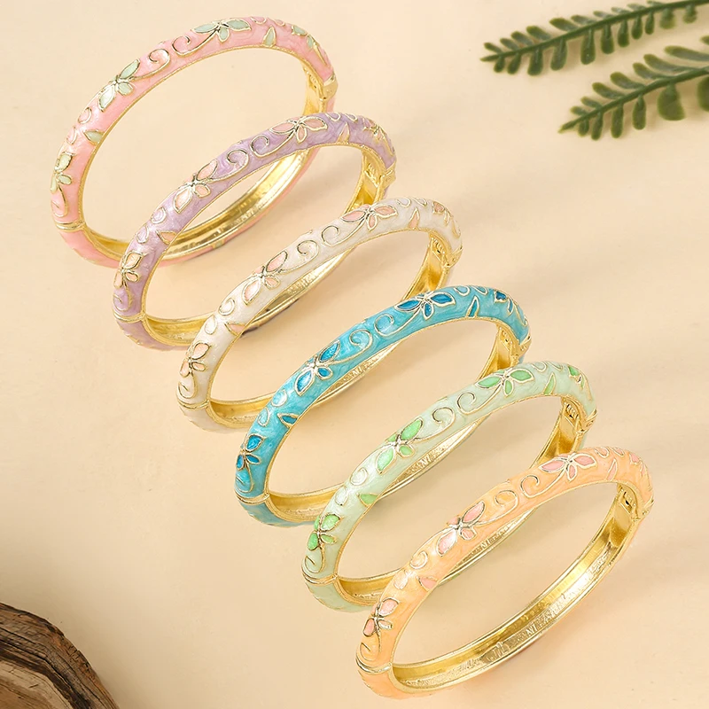 FTCY Fine Four-leaf clover Bracelet For Women Bohemian Ethnic Enamel Bracelet Cloisonne Gold Color Plated Bangle Luxury Jewelry