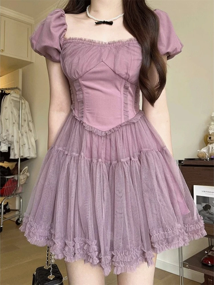 Alças de espaguete feminino vestido de princesa francesa, vestido curto fino, sem encosto, cintura alta, mini vestidos, festa, clube, roxo, moda sexy, verão