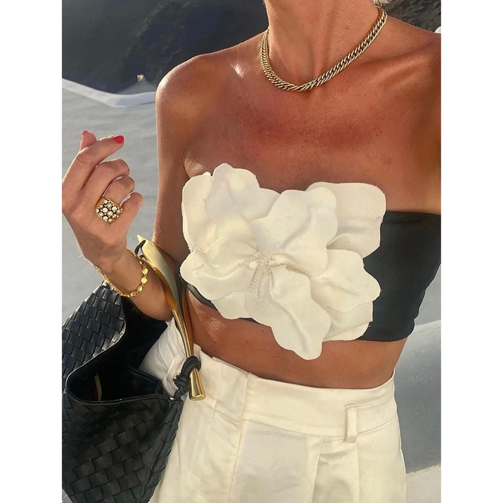 3D White Flower Strapless Bikini Two Pieces Women Summer Slim Black Swimming Skirt Cover-up Elegant Holiday Party Swimwear Top