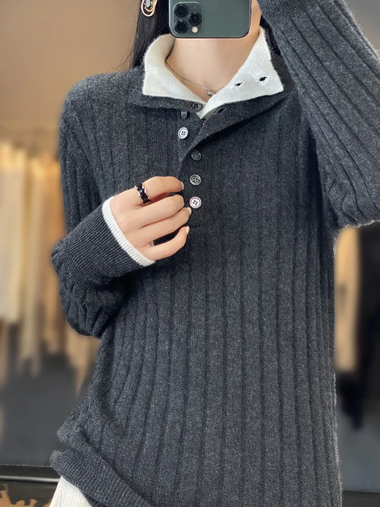 Fashion Women 100% Merino Wool Pullover Sweater Autumn Winter Thickened Warm Cashmere Knitwear Casual Turn-down Collar Clothes