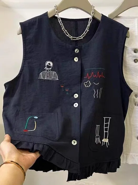 

Летний дизайн, хлопковый льняной жилет, женский топ без рукавов, круглый, с застежкой на одной пуговице, для поездок на работу, маленький размер, модный