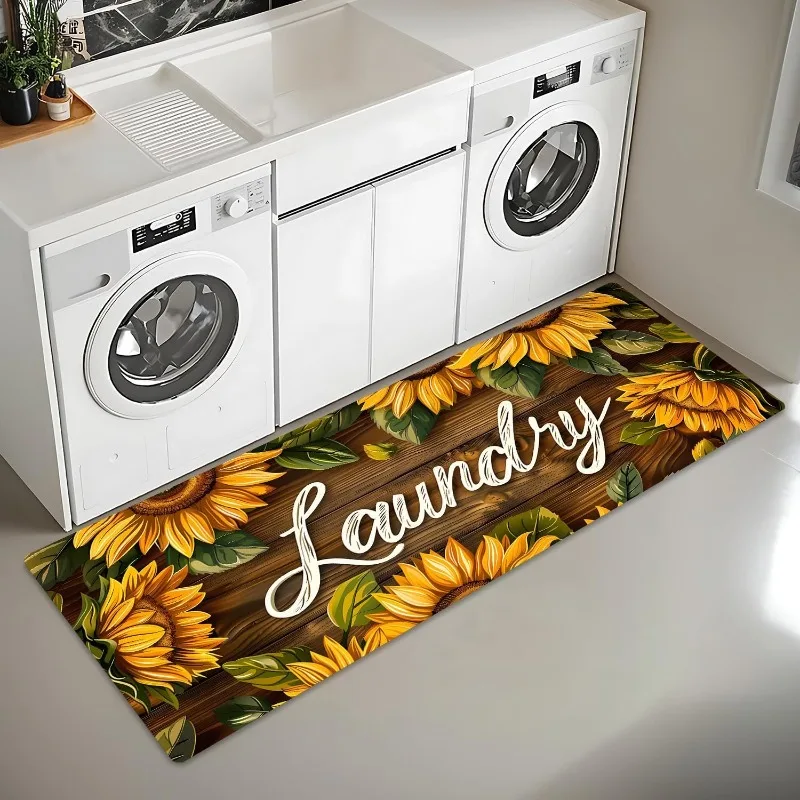 Rustic Farmhouse Laundry‑Room Long Carpet Wooden Board Sunflower Floral Letter Pattern Floor Carpet Country Style Decor