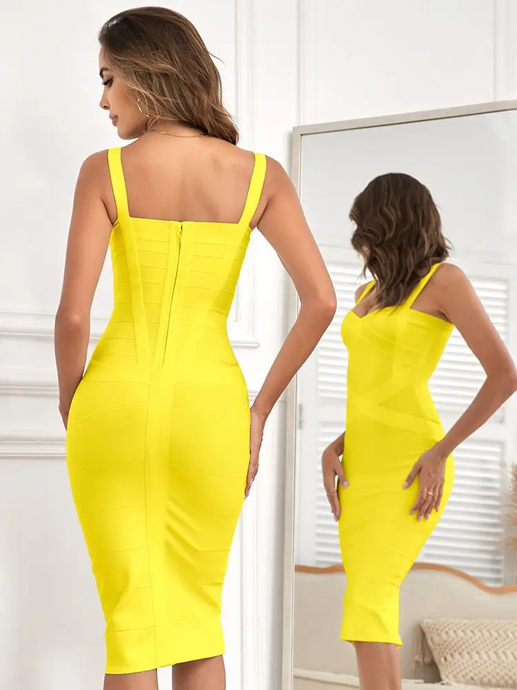 BEAUKEY Sexy Vintage Quality Evening Yellow Bandage Dress 2023 Women Summer Blue Midi Cross Dress Bodycon Party Ladies Vestidos