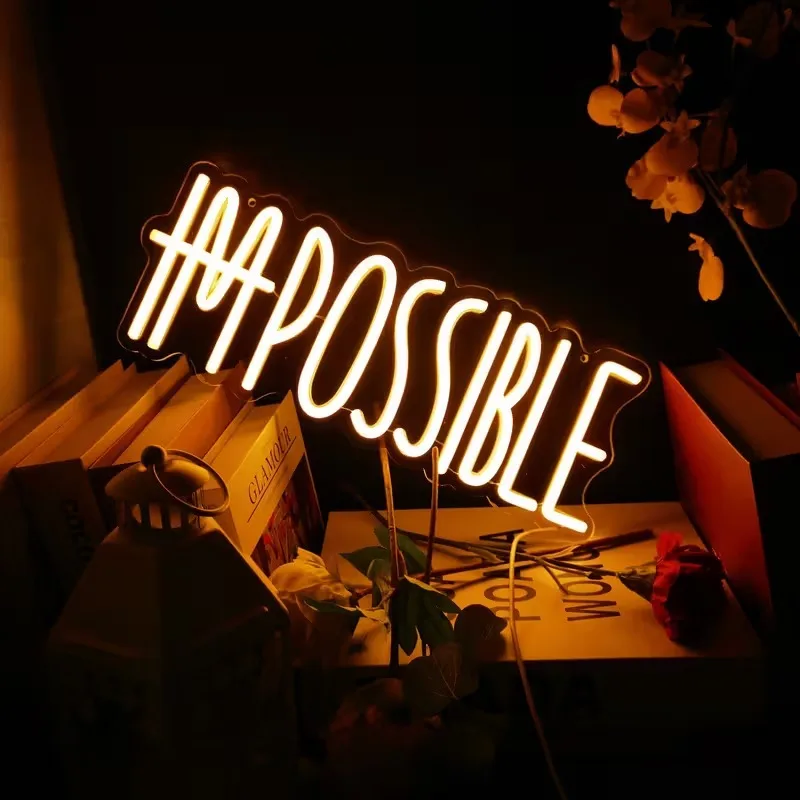 ไฟนีออนอักษรภาษาอังกฤษแบบกำหนดเอง HAPPOSSIBLE ไฟนีออน LED สร้างแรงบันดาลใจสำหรับตกแต่งห้อง ไฟคำศัพท์