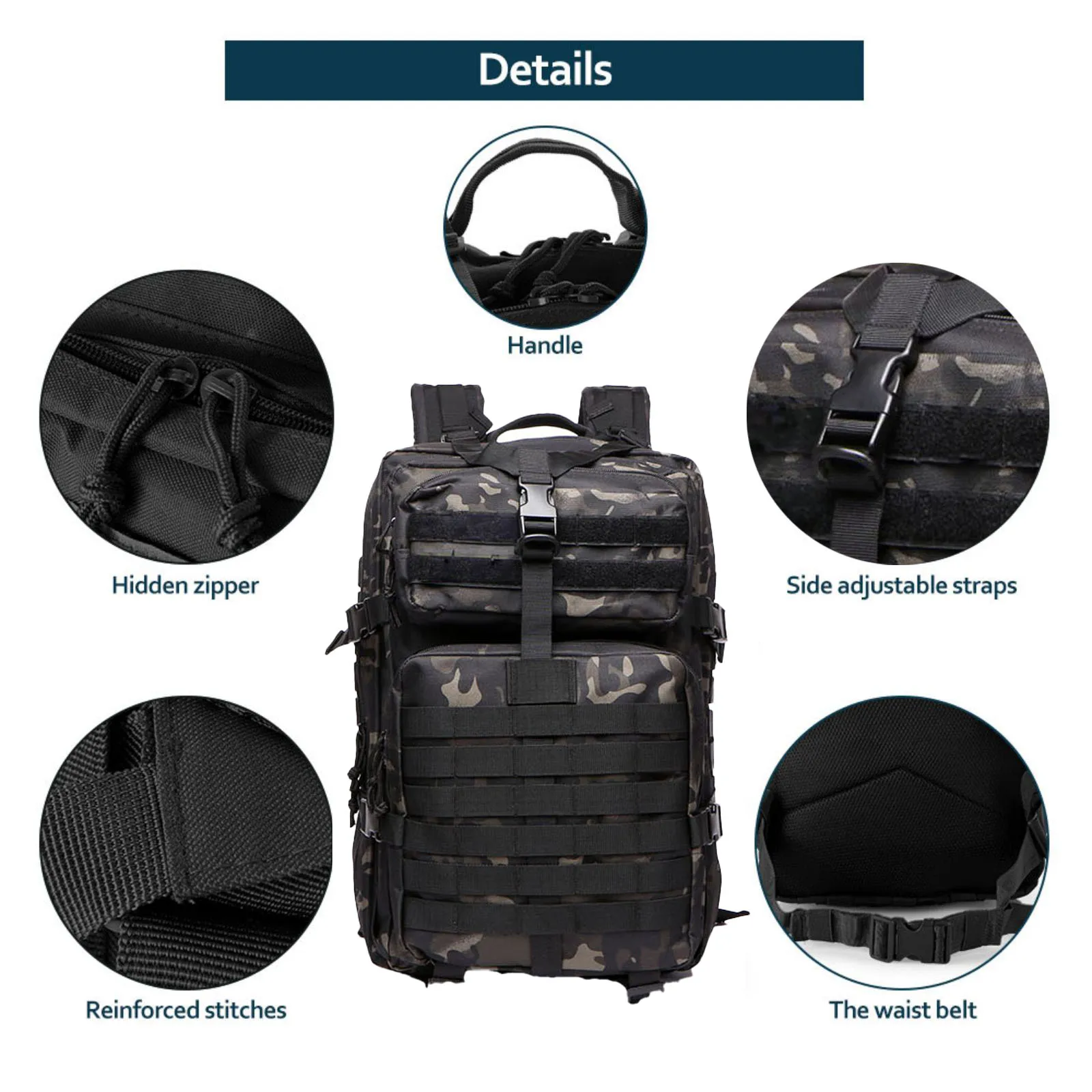 Langlebiger Nylon 50L Wasserdichter Taktischer Outdoor-Rucksack für Wandern, Trekking, Angeln, Jagen, Camping und Reisen – Detail 12