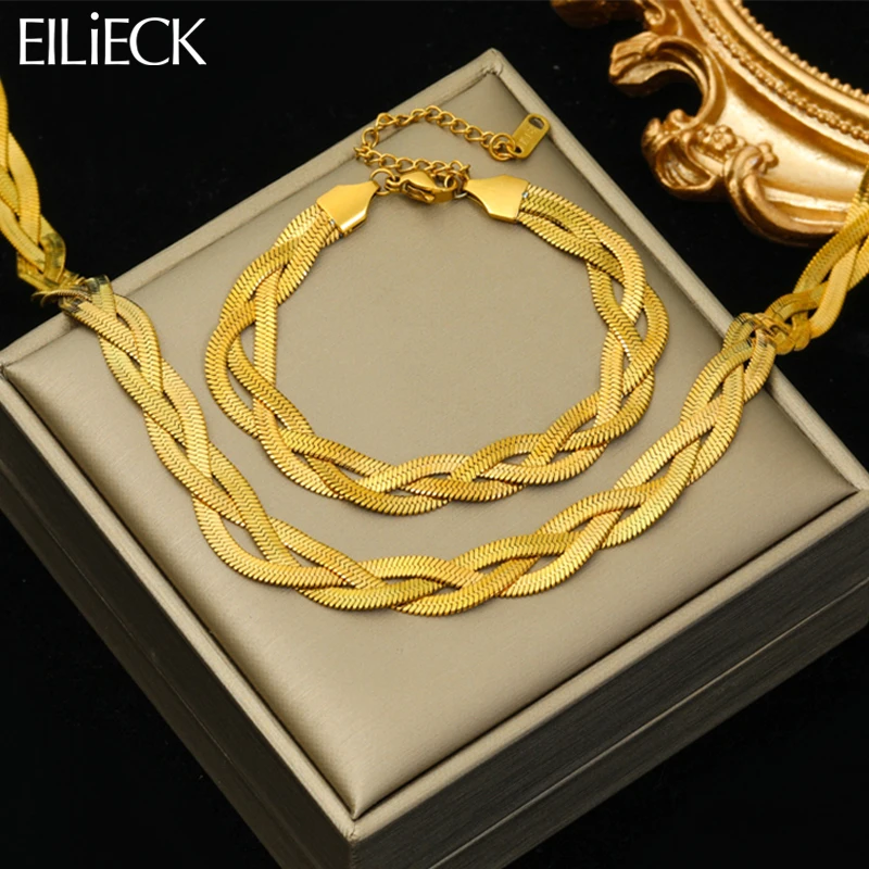 Eilieck 316l Edelstahl Gold Farbe 3 Ketten Kreuzung Halskette Armband für Frauen Mode wasserdichte Kette Schmuck Set Geschenk