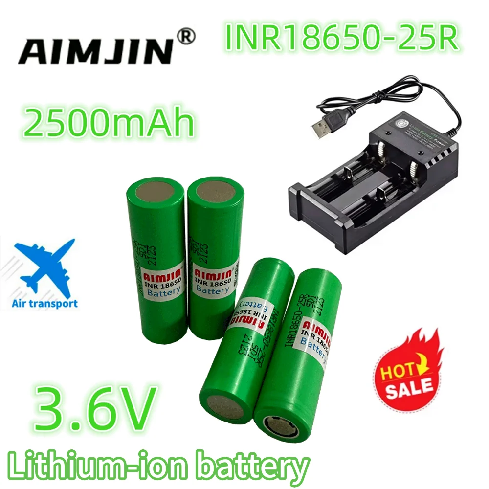 INR18650 25R 18650 2500mAh 3.7V 18650 Battery Lithium Rechargeable Batteries High Current Discharge 20A Power Cell+Charger