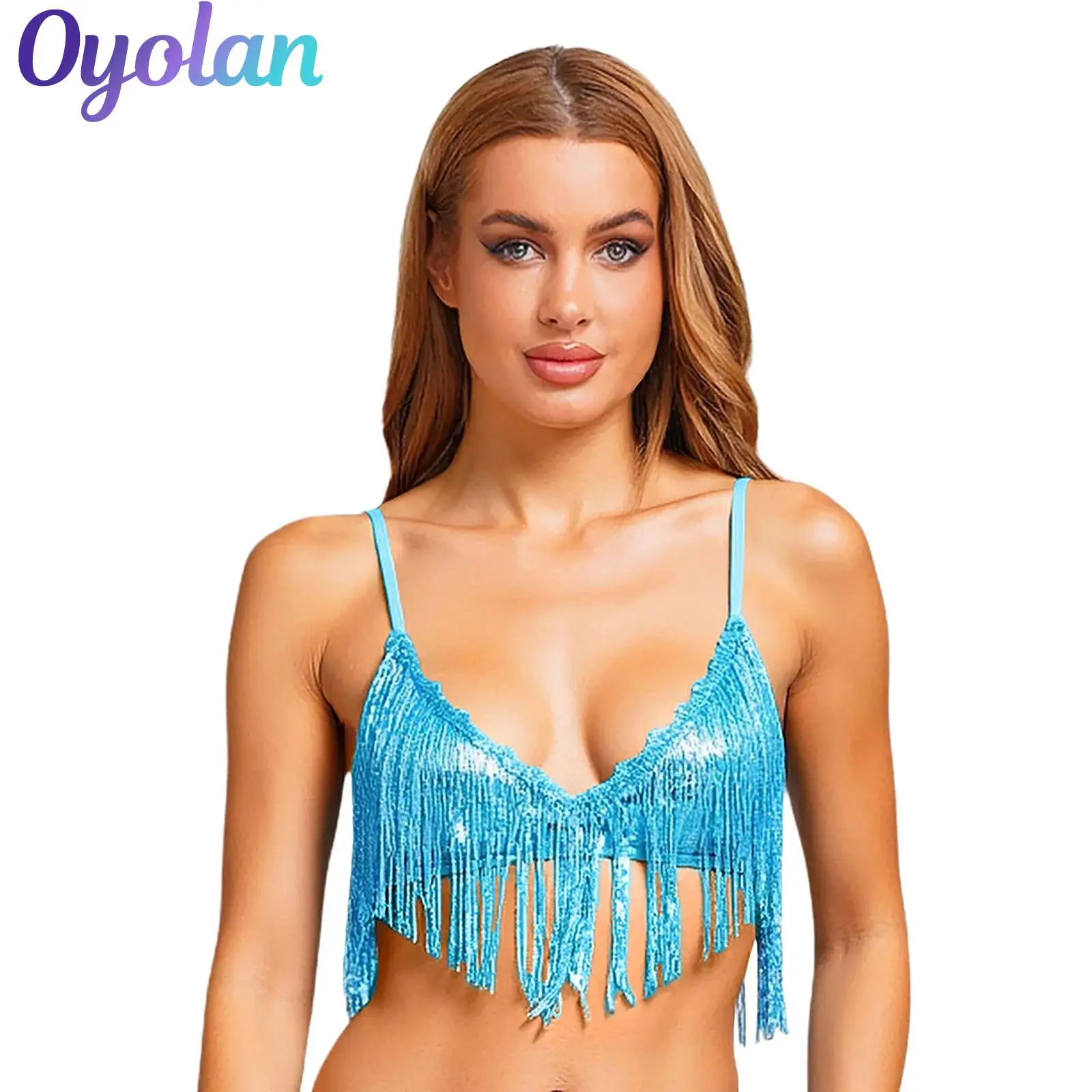 

Womens Shiny Sequin Tassel Bra Tops Belly Dance Bellywood Costume Swing Sequin Fringe No-pad Wireless Rave Festival Bralette