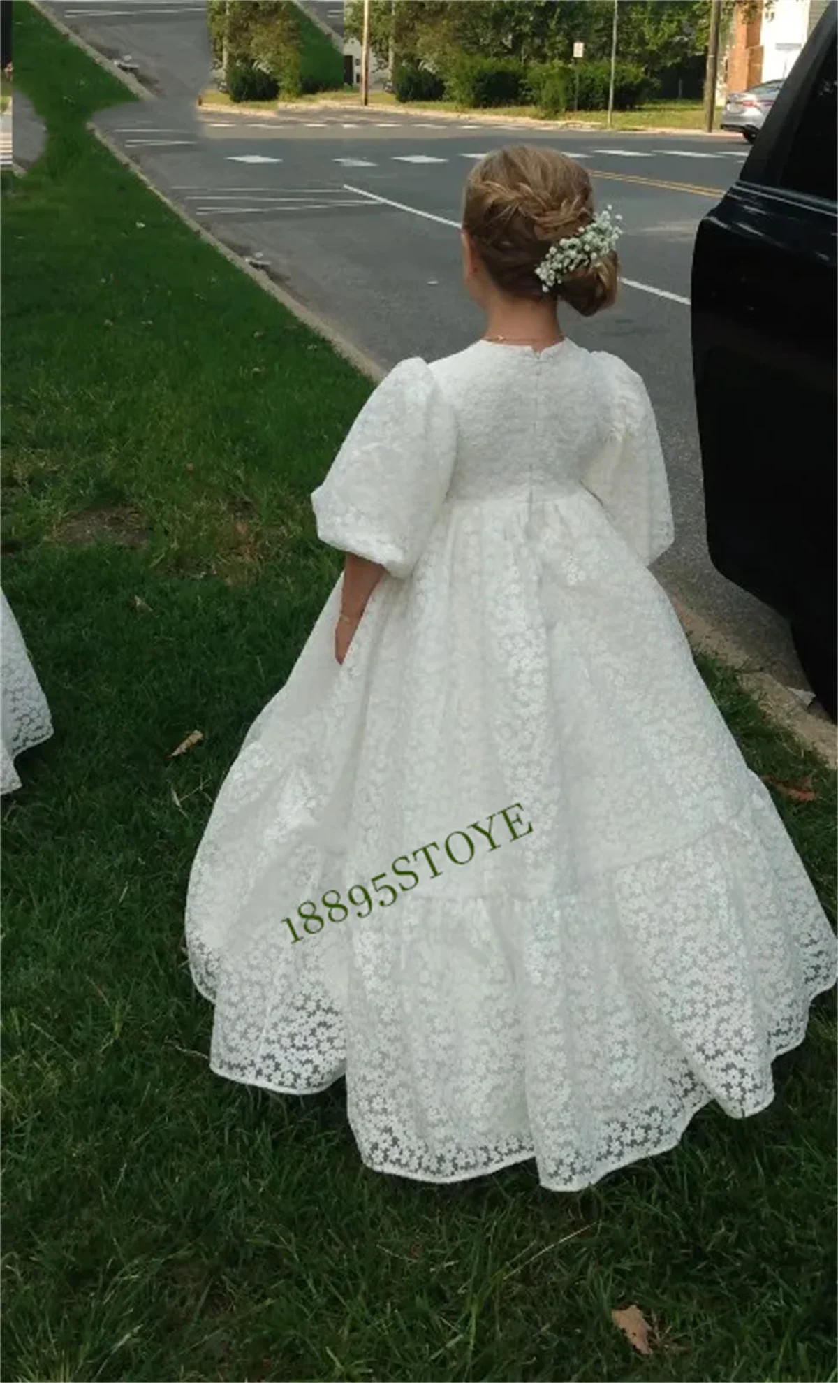 Vestido de encaje con cuello redondo para niña, mangas hinchadas, vestidos de flores para niña, fiesta de boda Vestido largo de, vestido de princesa para niña pequeña