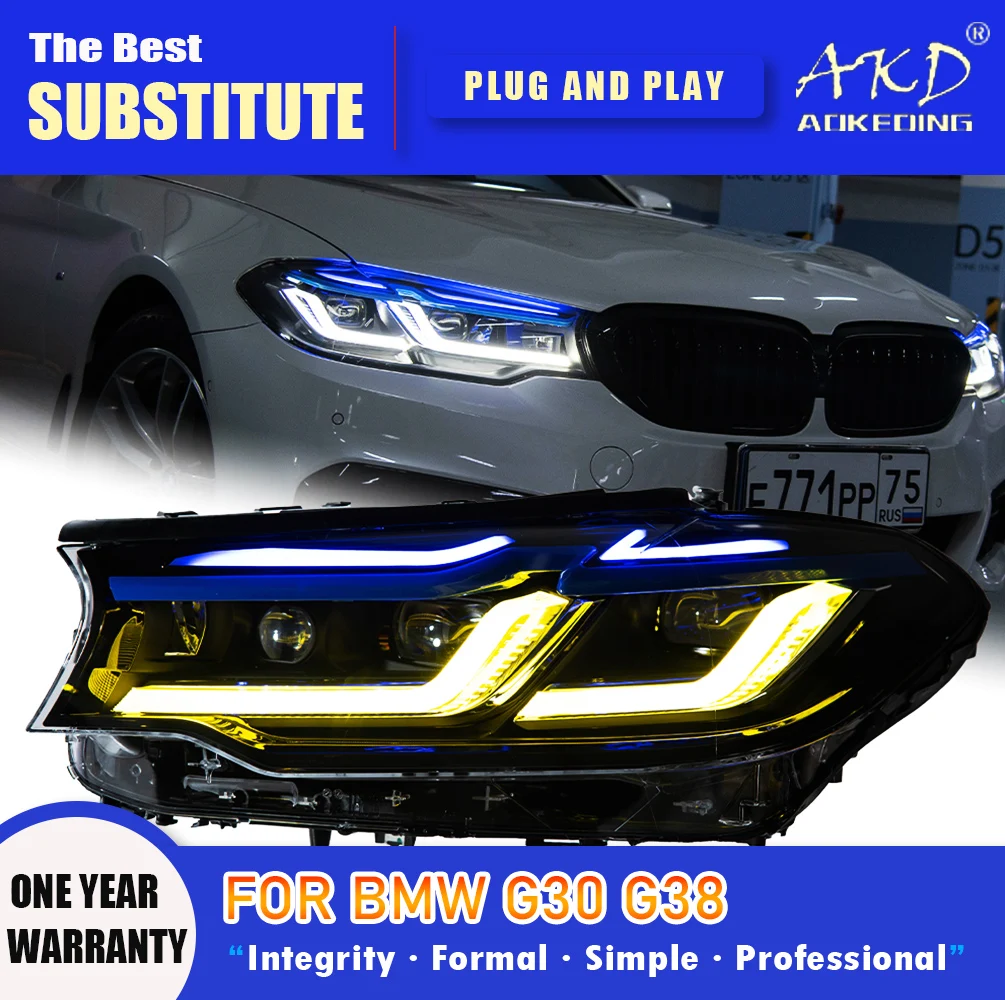 

Фара AKD для BMW G30 G38 Светодиодная фара 2018-2020 Фара 525i 530i M5 DRL Поворотник дальнего света Объектив проектора Angel Eye