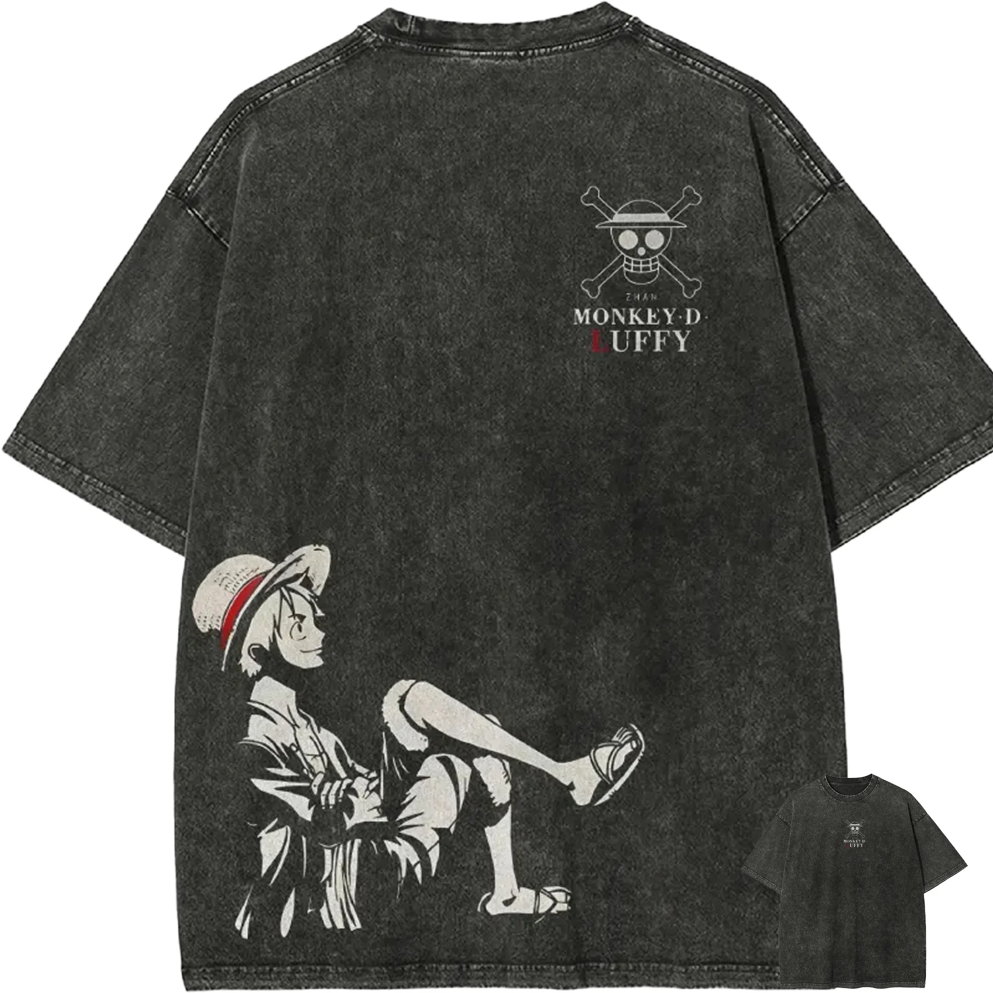 Monkey D. Luffy T-Shirt für Herren, One Piece, Acid Wash, Anime-Grafik, Baumwolle, Vintage Streetwear, lässig, lächelnder Luffy, seitlicher Print, T-Shirt