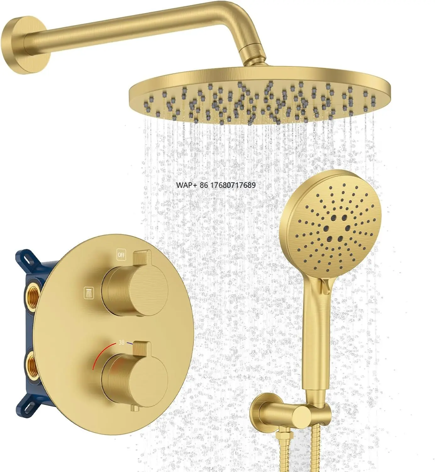 

Wall Mount Thermostatic Shower System 10 Inch Rainfall Shower Head Handheld Brushed Gold Faucet Mixer Trim Kit Includes Valve