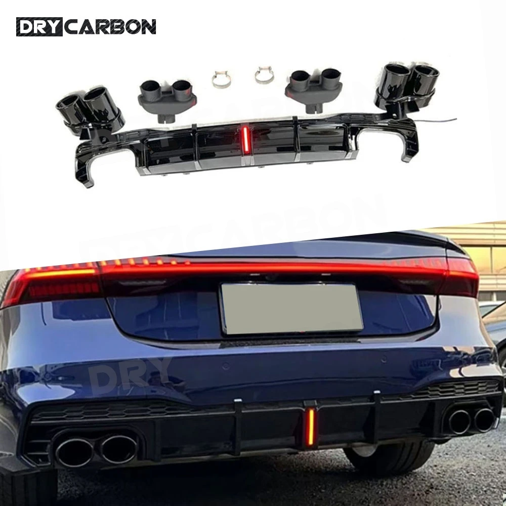 Body Kits Car Rear Bumper Diffuser Lip LED Light Spoiler with Exhaust Tips Accessories for Audi A7 Sline S7 C8 2019-2023