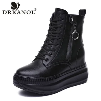 DRKANOL Fashion Height Increasing Ankle Boots For Women Autumn Winter Warm Shoes Real Cowhide Chunky Platform Casual Short Boots