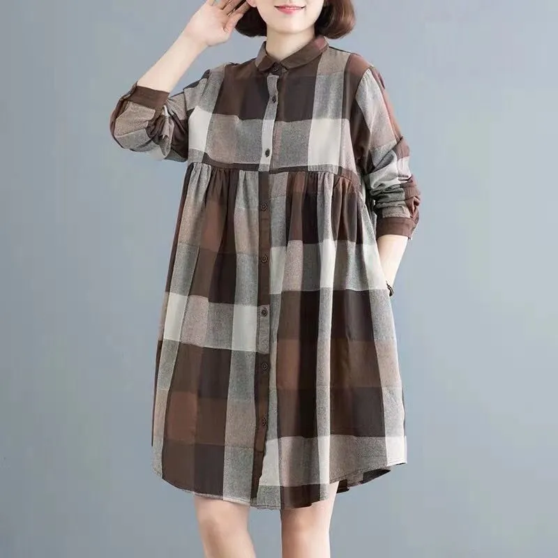 Spring Arts Style Women Long Sleeve Turn-down Collar Loose Shirt Dress Vintage Plaid single-breasted Knee-length Dresses P159