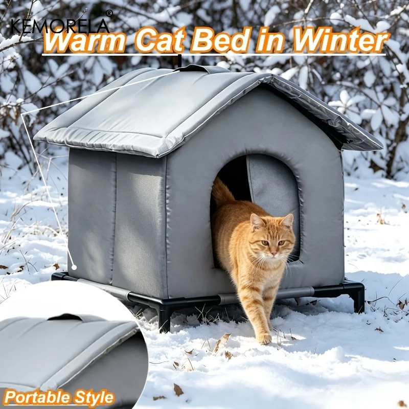 Outdoor Portable Cat House All-Season with Insulated Oxford Cloth Shelter -Windproof Foldable Design Thickened Warm Mat for Cats