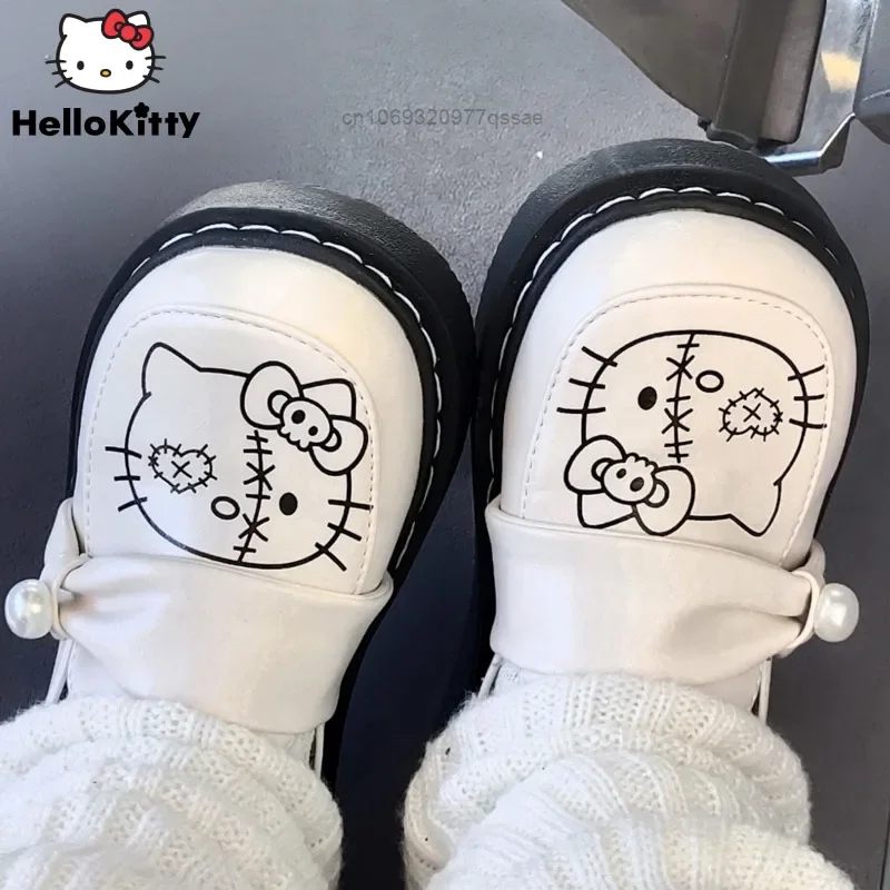 Sanrio Cute Hello Kitty Punk Fashion PU Leather Mary Jane Shoes For Women, Jk Uniform Flats 2cm Flat Heels Shoes For Students