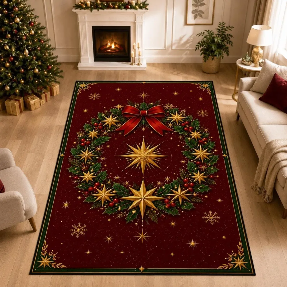 Poinsettia Area Rug, Christmas Festive Star Wreath Xmas Red Non-Slip Backing Indoor Rectangle Carpet Non Shedding Rugs