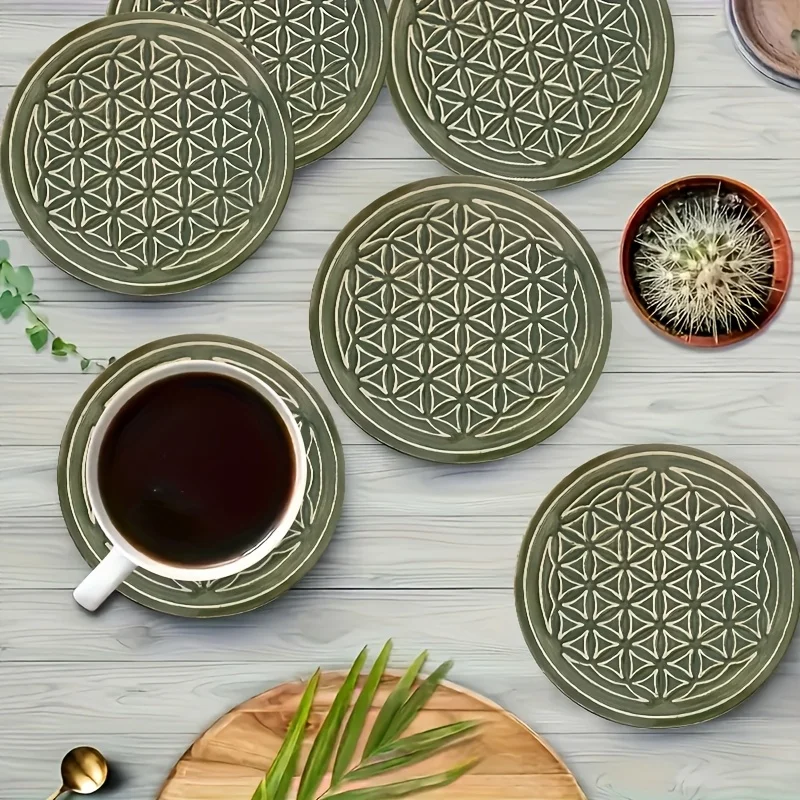 Sous-verres en bois 2D lignes vertes – Design simple et attrayant pour boissons, tasses à café et thé – Décoration maison et restaurant – Cadeau de fêtes