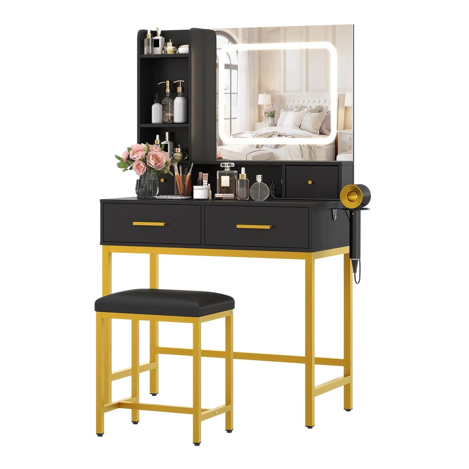 Kaptafel met LED-spiegel en kruk, 3 verlichtingsmodi, 4 laden, ingebouwde stopcontacten & planken, make-up tafeltje