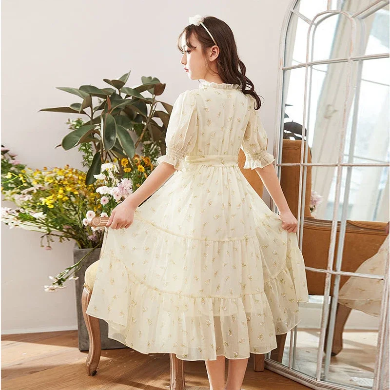 Girls Summer New Dress Youth Chiffon Waist Princess Skirt Children Pastoral Style Clothes 6 8 10 12 14 16 Years