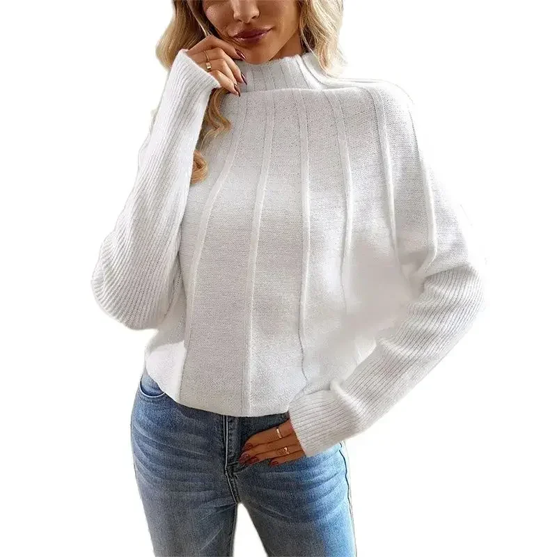 

Women Solid Color Striped Bat Long Sleeve Sweater Stand-up Neck Pullover Knitwear Autumn Winter Female Commuter Knitted Tops New