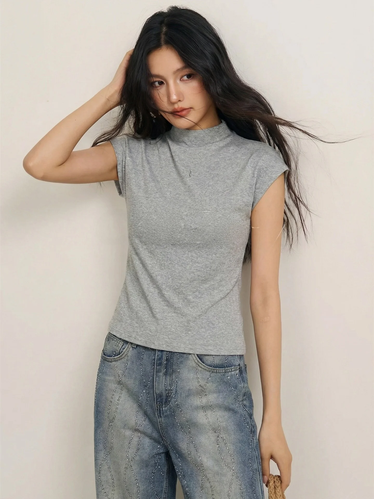 

Chill Zoeys Slim Fit Short Sleeve T-Shirt Women's Casual Style Half High Collar Simple Design Cotton Blend Spring Summer Top