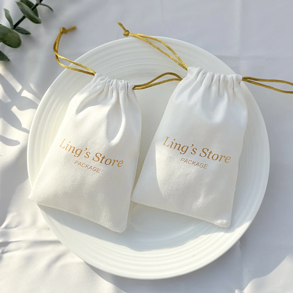 

50Pcs Custom Logo White Flannel Jewelry Gift Bag Rings Earrings Pendant Bracelet Perfume Keychain Cosmetic Studs Packaging Pouch