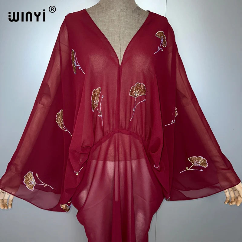 WINYI-vestido sexy con cuello en V, perspectiva de diamantes de imitación, Abaya musulmana para mujer, ropa de playa, caftán de moda, abaya de lujo de Dubái