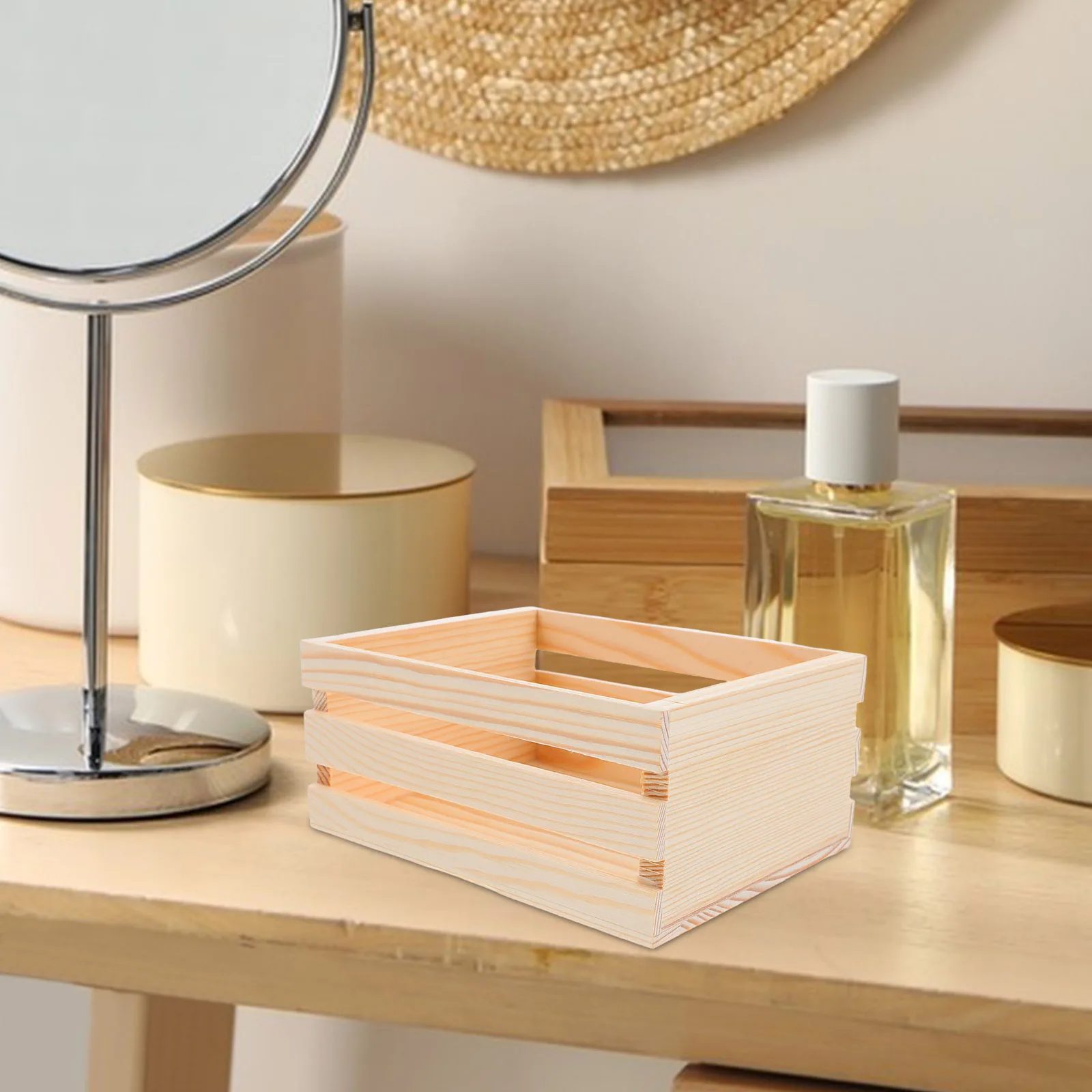 

Box Desktop Wooden Mini Basket Vintage Hollow Design for Office Desk Home Beige Wooden Storage Bins Desk Basket Organizers