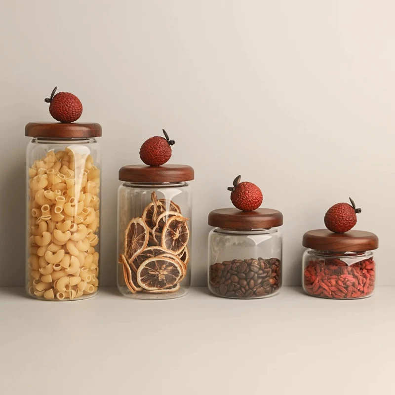 Glass Airtight Canister with Wooden Lid Food Grade Jar for Coffee Beans Spices Cereal Storage Container Kitchen Pantry Organizer
