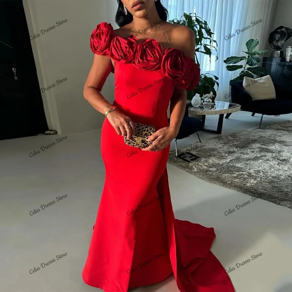 Modern Red Mermaid Formal Evening Dress Satin 3D Flowers Sleeveless Off the Shoulder Special Occasion Gowns with Panel Train