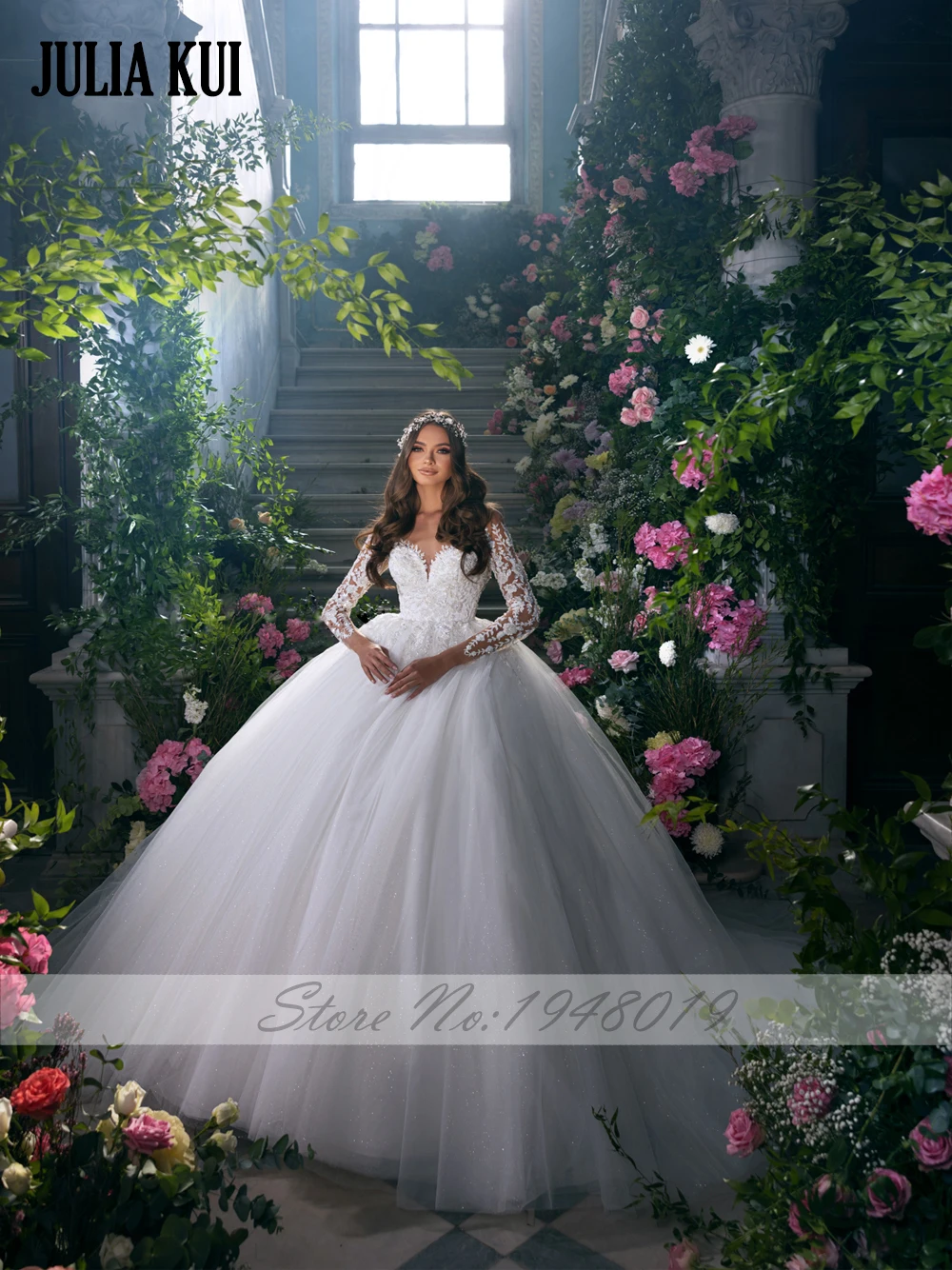 جوليا كوي مخصص وصول جديد كامل الأكمام الكرة ثوب فساتين الزفاف الديكور اللؤلؤ يزين الدانتيل الزفاف التمثيليات #3