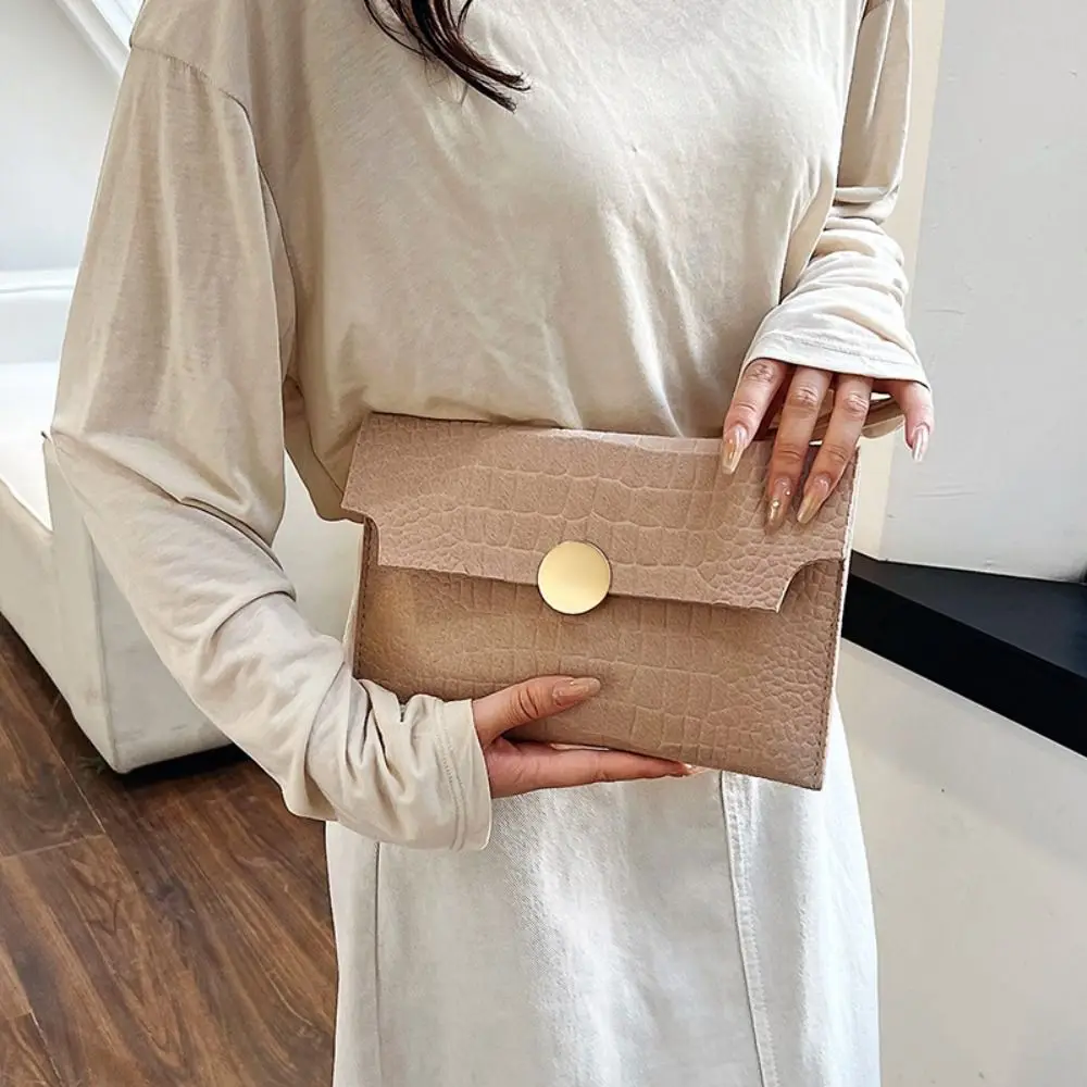 Pu Leather Envelope Evening Bag Korean Style Solid Color Ladies Clutch Bag Buckle Felt Crocodile Pattern Handheld Bag Travel
