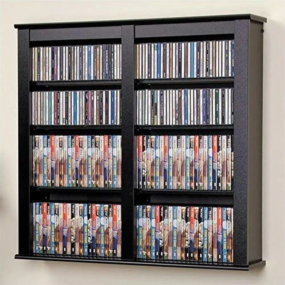 Wall Mounted Black Media Storage Cabinet Adjustable Shelves DVD CD Blu-Ray Organizer 349 CDs 142 DVDs 272 Blu-Ray discs Easy