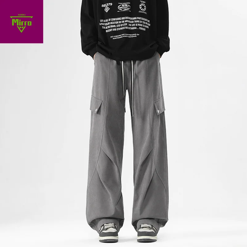 

【Mirrordust】Men's Sweatpants 2025 Spring Autumn Vintage Japanese Wide Leg Straight Loose Button Big Pockets Cargo Pants