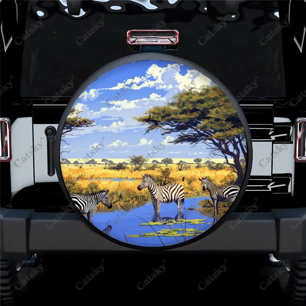 Zebras Foraging in The River Car Spare Tire Cover Auto Accessories Decor Wheel Wrap Protect for Trailer SUV Truck Camper 14-17in